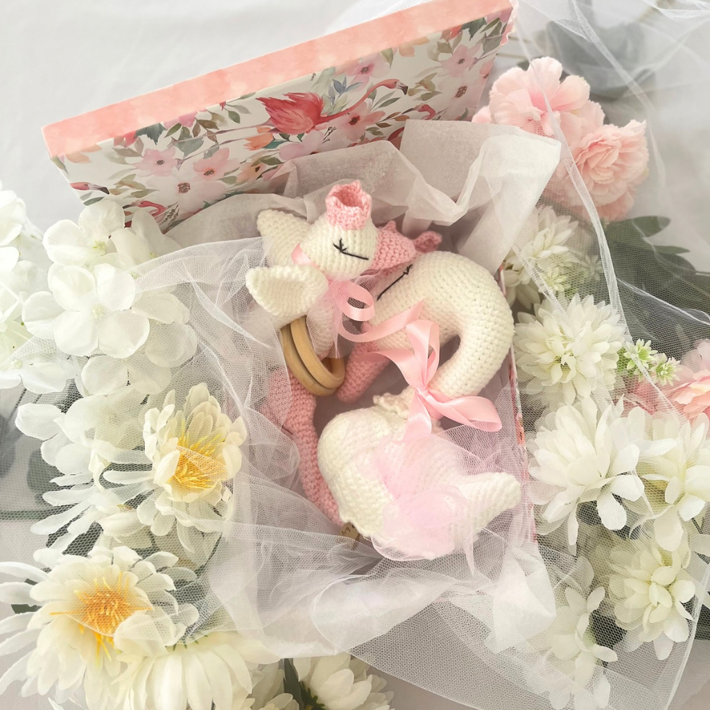 Handmade Crochet Princess Swan and Grasping Toy Baby Gift Set