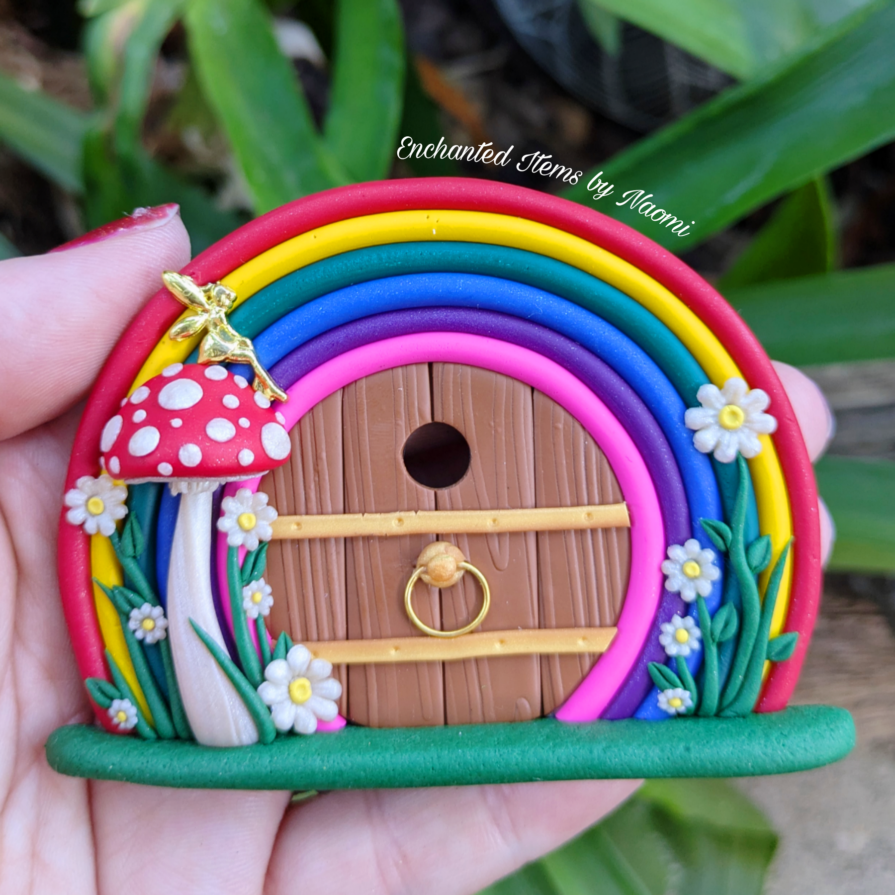 Mini Rainbow Fairy Door with Golden Fairy on Red Mushroom