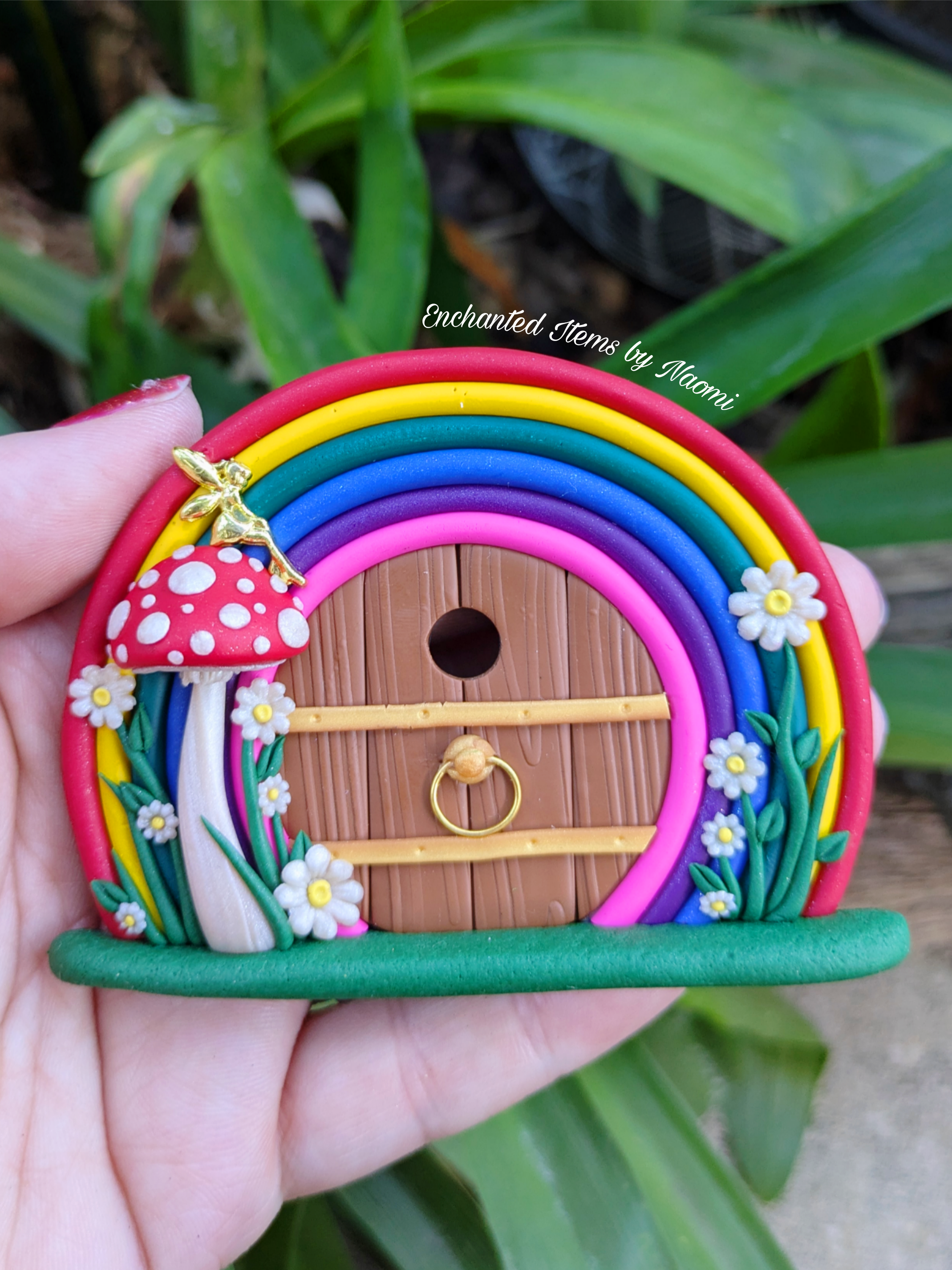 Mini Rainbow Fairy Door with Golden Fairy on Red Mushroom