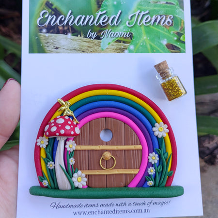 Mini Rainbow Fairy Door with Golden Fairy on Red Mushroom