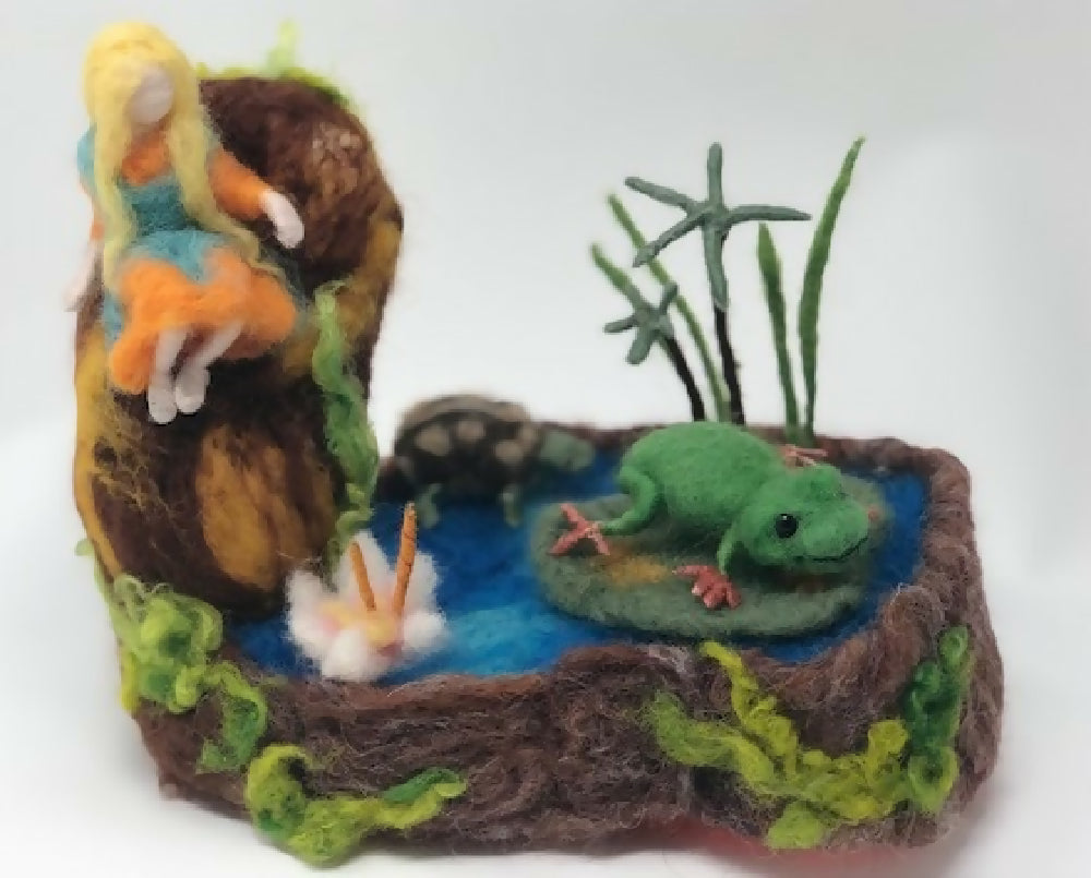 Needle felted frogpond, soft sculpture, poseable fairy, felt turtle, Waldorf
