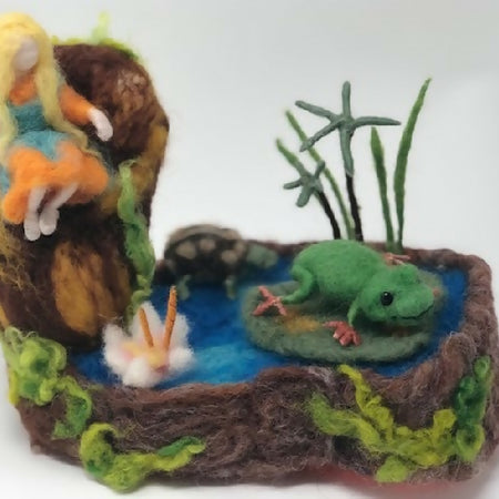 Needle felted frogpond, soft sculpture, poseable fairy, felt turtle, Waldorf