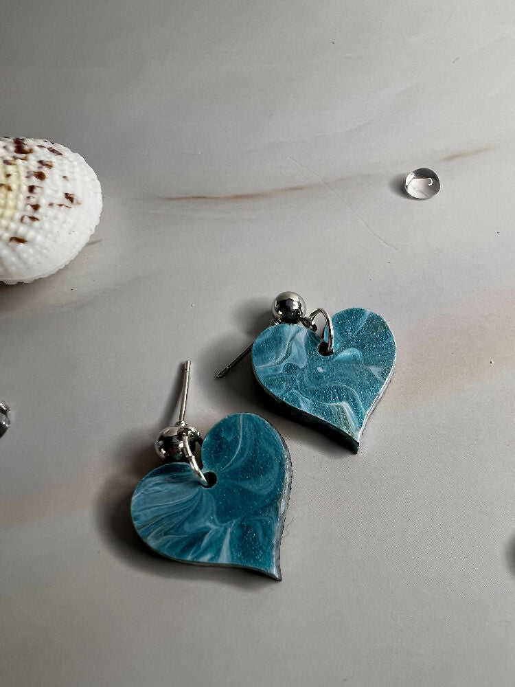 Earring Heart Teal, White, Gold