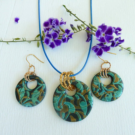 Teal Polymer Clay Earring & Pendant Set 