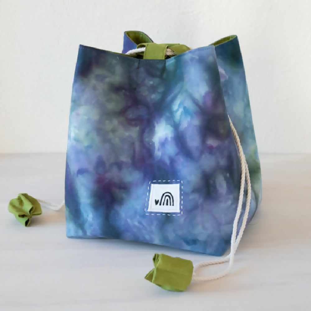 Large Ice Dyed Japanese style Rice Bag, Komebukuro Bag. Blue/Avocado