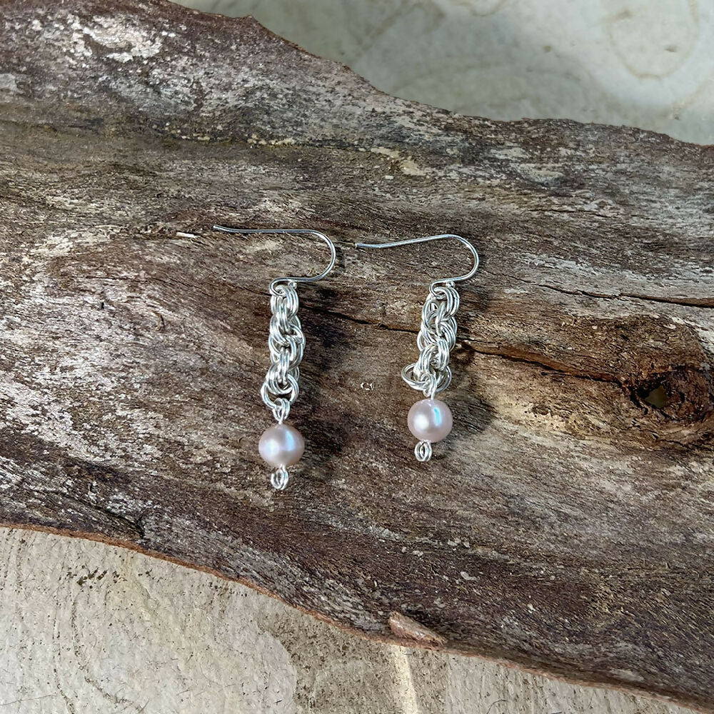 Sterling silver spiral + pearls earrings