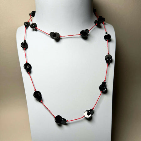 Handmade Long Black Onyx Necklace on Red Silk – Sterling Silver Clasp
