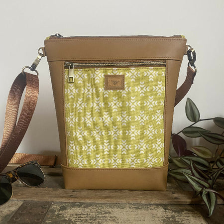 Hipster Crossbody Bag - Cream Design on Liime/Tan Faux Leather