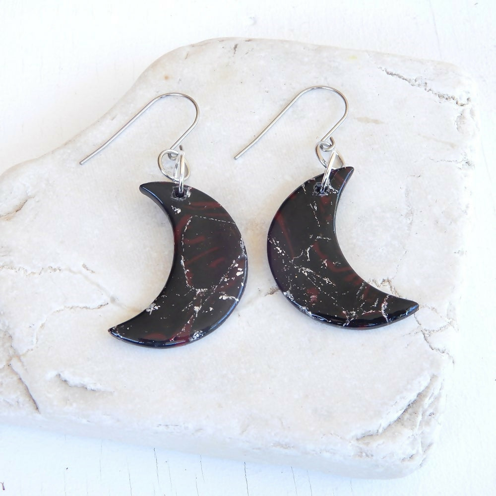 Black Polymer Clay Earrings "Silver Fire" Moon