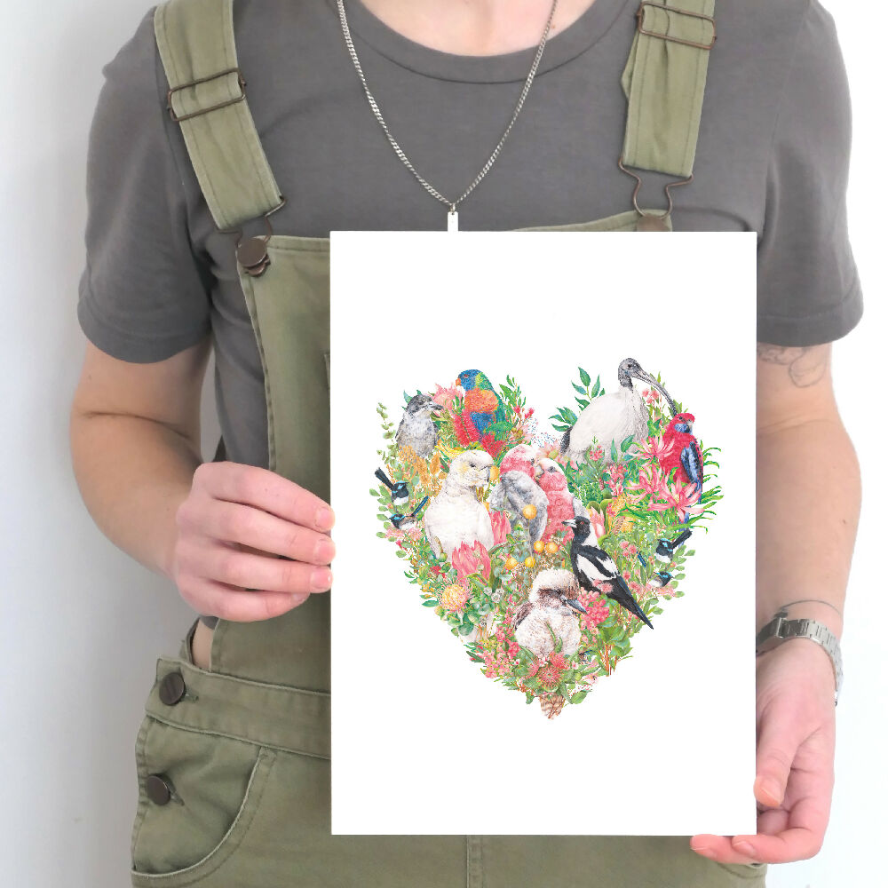 A4 art print of common native Australian birds and flowers, illustrated by Australian artist Kayla Reay.