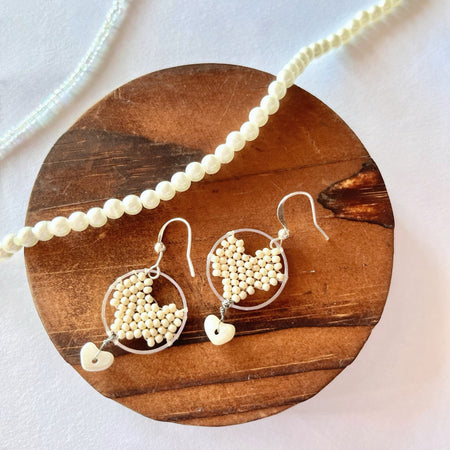 PEARL HEART | dangle beaded earrings | white, creamy, beige, nude