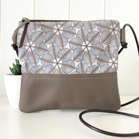 Cross Body Sling Bag in Leather and Blue Canvas with Blossom