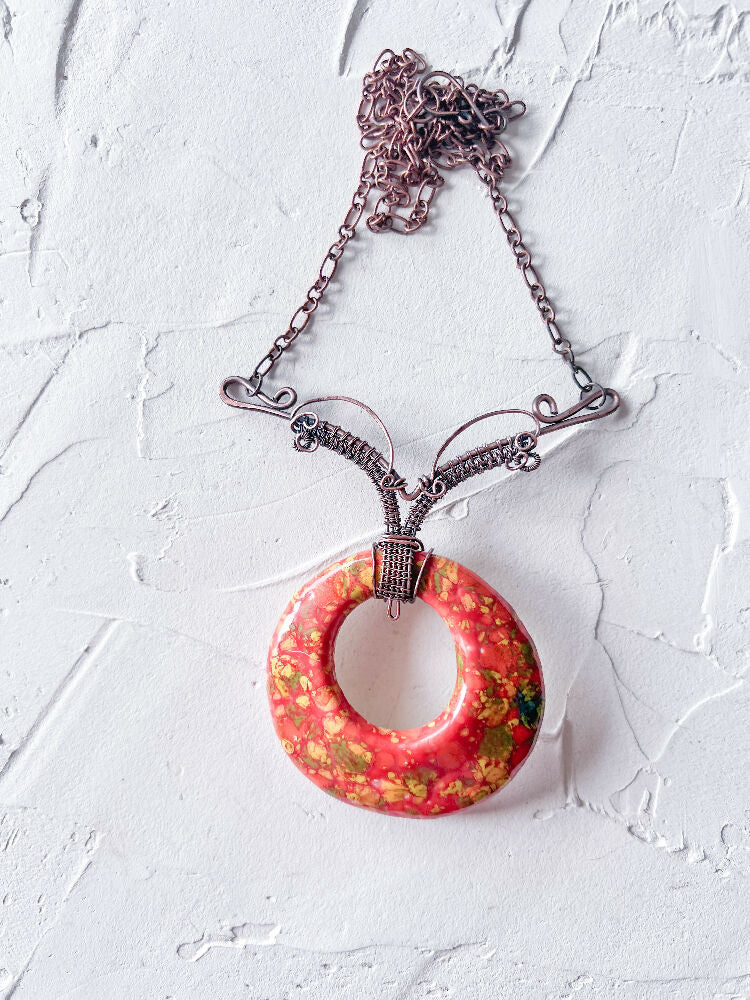 Handmade Orange and Yellow Glaze Ceramic and Copper Boho Pendant