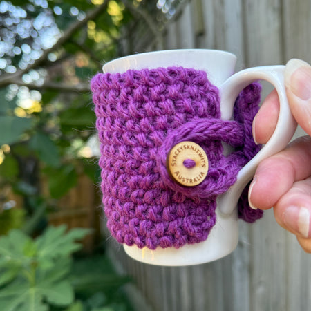 Hand Knitted Purple Coffee Cup Cozy, Cup Cosy