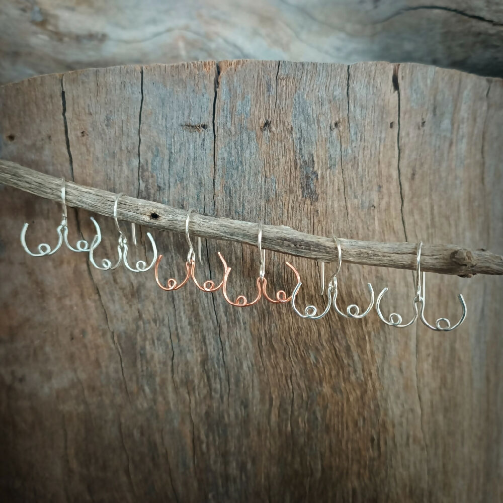 boobies all in a row handmade silver copper artisan earrings