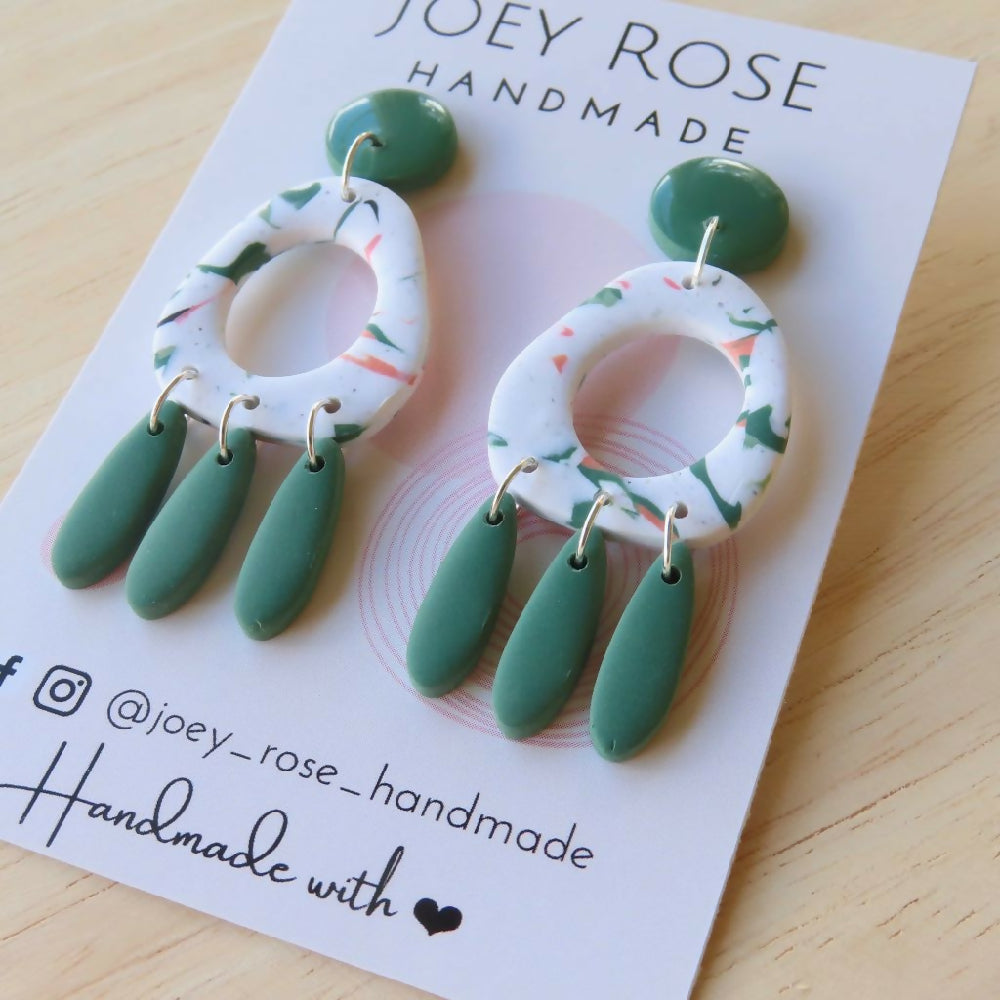 CHRISSY ~ Green & Peach Marbled Print ~ Polymer Clay Earrings