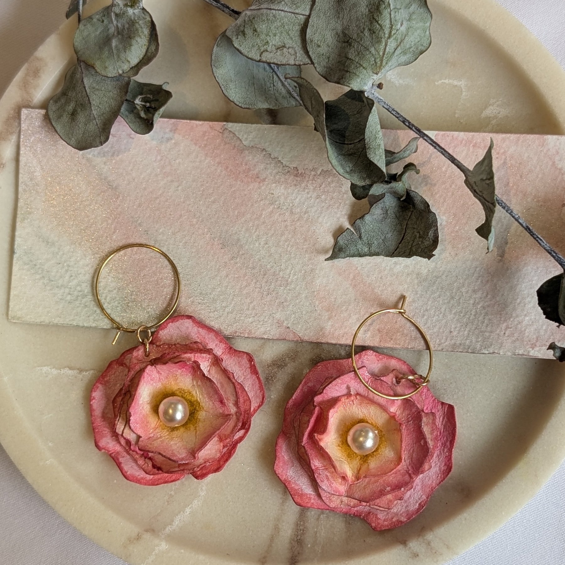 Made To Order Ranunculus Watercolour Hoop Earrings – Pink Floral with Pearl Centre
