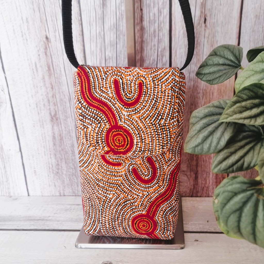 Upcycled small phone messenger bag - Indigenous print - orange & brick red