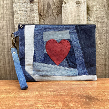 Large Upcycled Denim Pouch #5 – Red Cork Heart