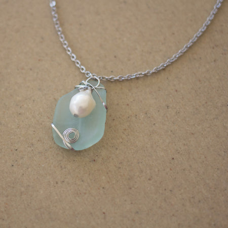 Blue Sea Glass and Freshwater Pearl Pendant