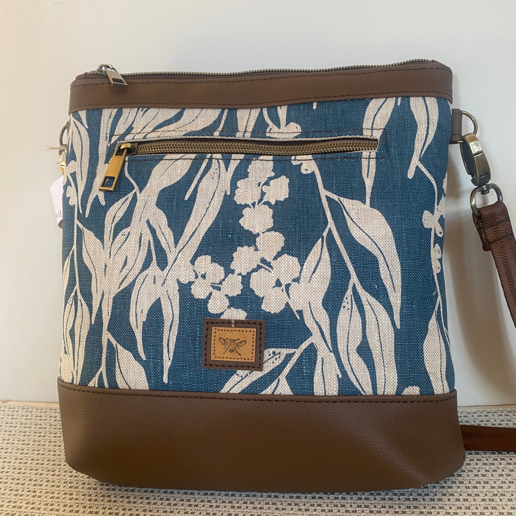 Mia Crossbody Bag - Blue Gum Leaves Screen Printed Linen with Dark Brown Faux Leather