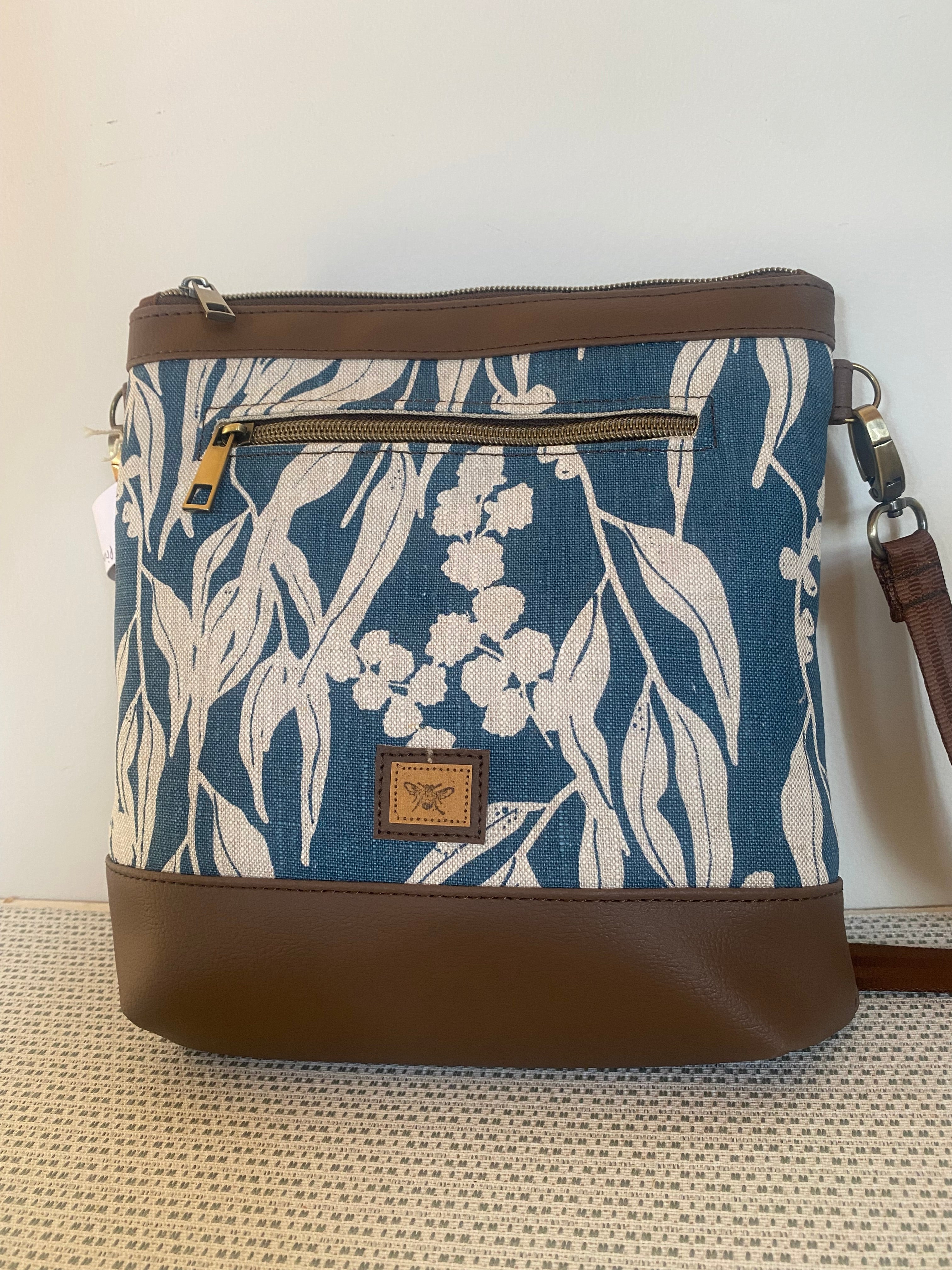 Mia Crossbody Bag - Blue Gum Leaves Screen Printed Linen with Dark Brown Faux Leather