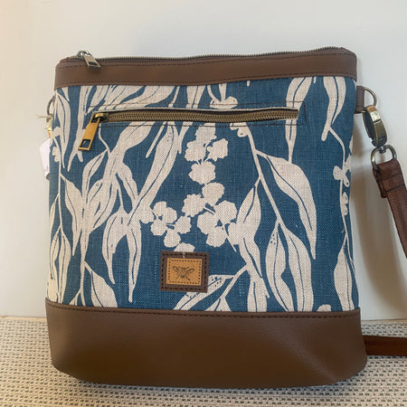 Mia Crossbody Bag - Blue Gum Leaves Screen Printed Linen with Dark Brown Faux Leather