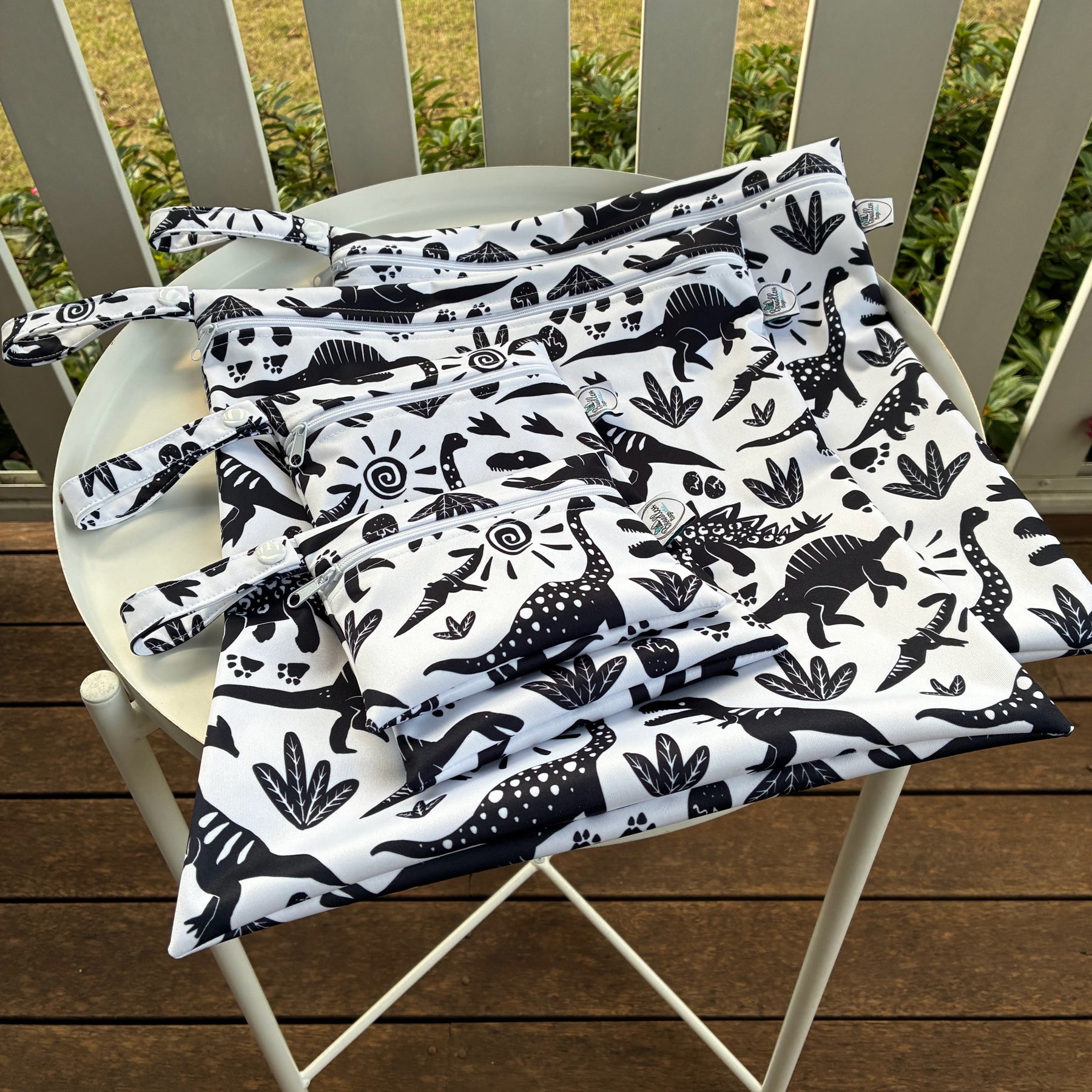 PRE-ORDER Water-resistant wet bags - Monochrome Abstract Dinos (Ladybird and Roar)
