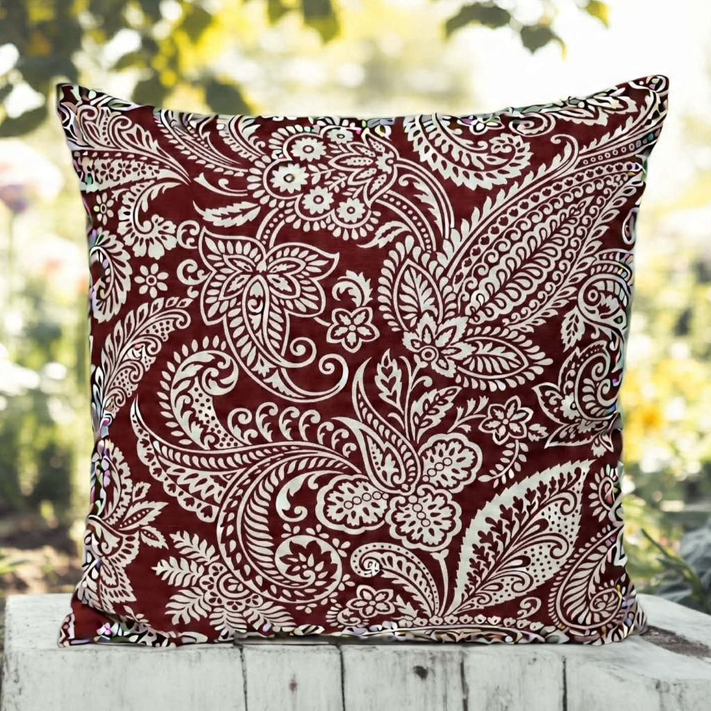 Retro-style red paisley cushion cover –  mid-century modern space.