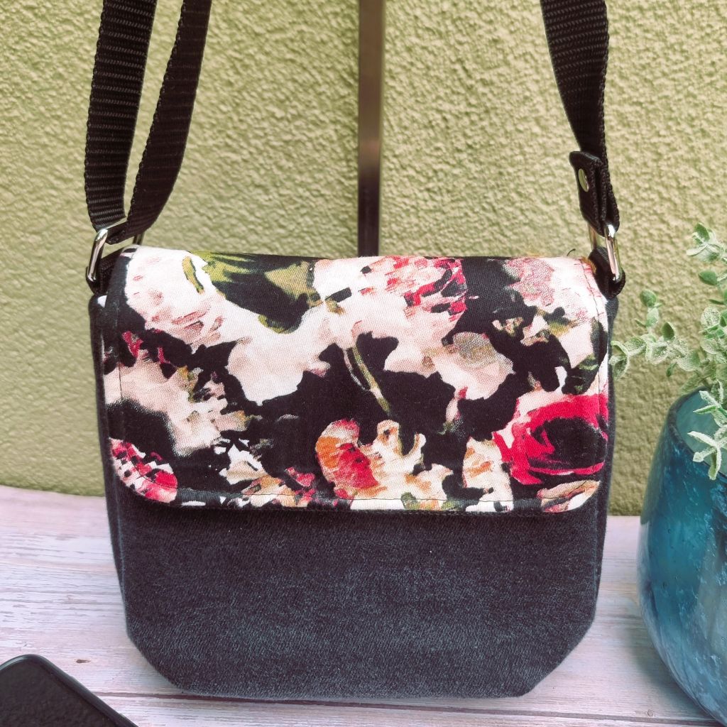 Upcycled mini crossbody messenger bag - black & abstract floral