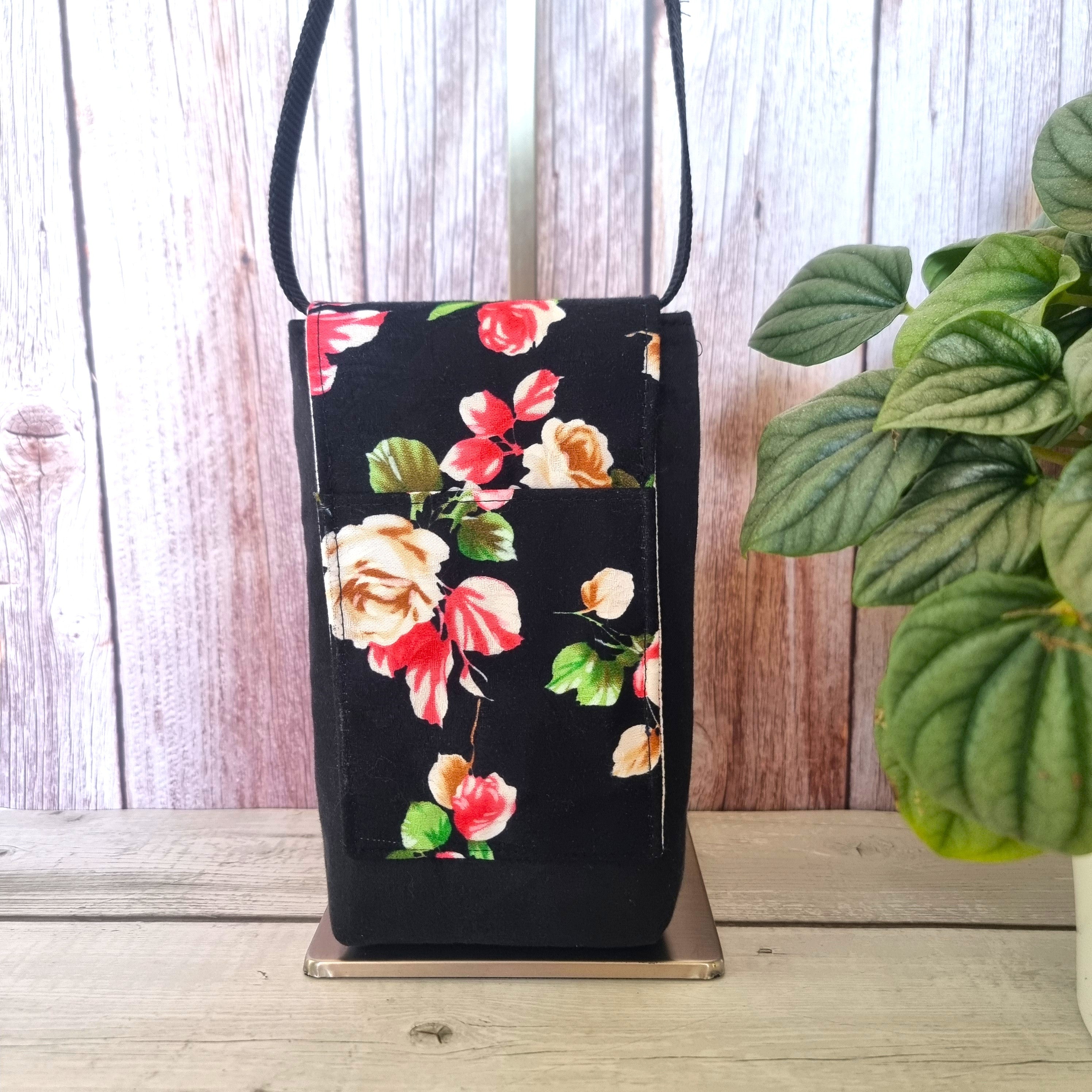 Upcycled small phone messenger bag - coral & latte roses on black