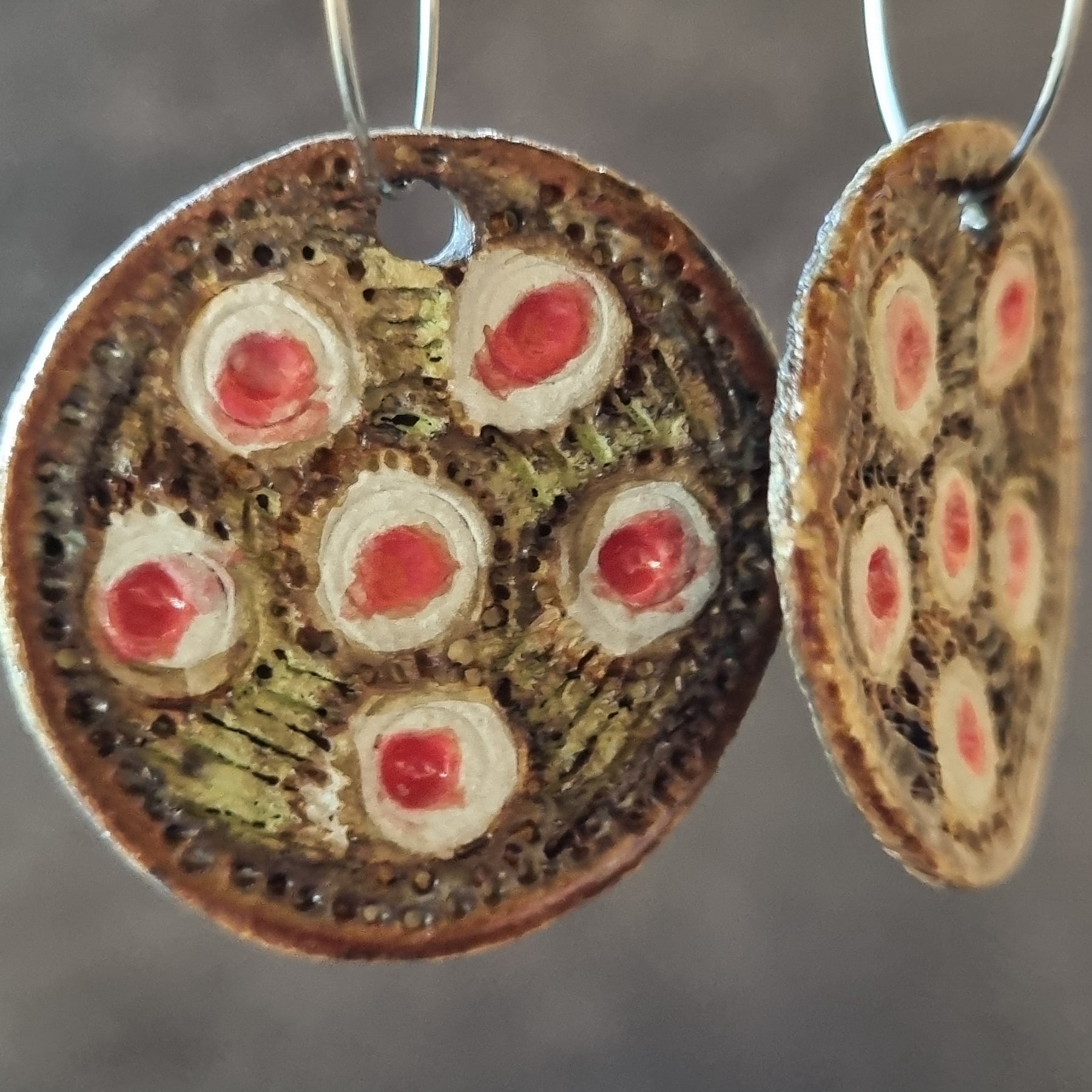 Handmade Stoneware Ceramic Earrings, brown-white-pink multi-coloured, 35mm diameter, pierced ears