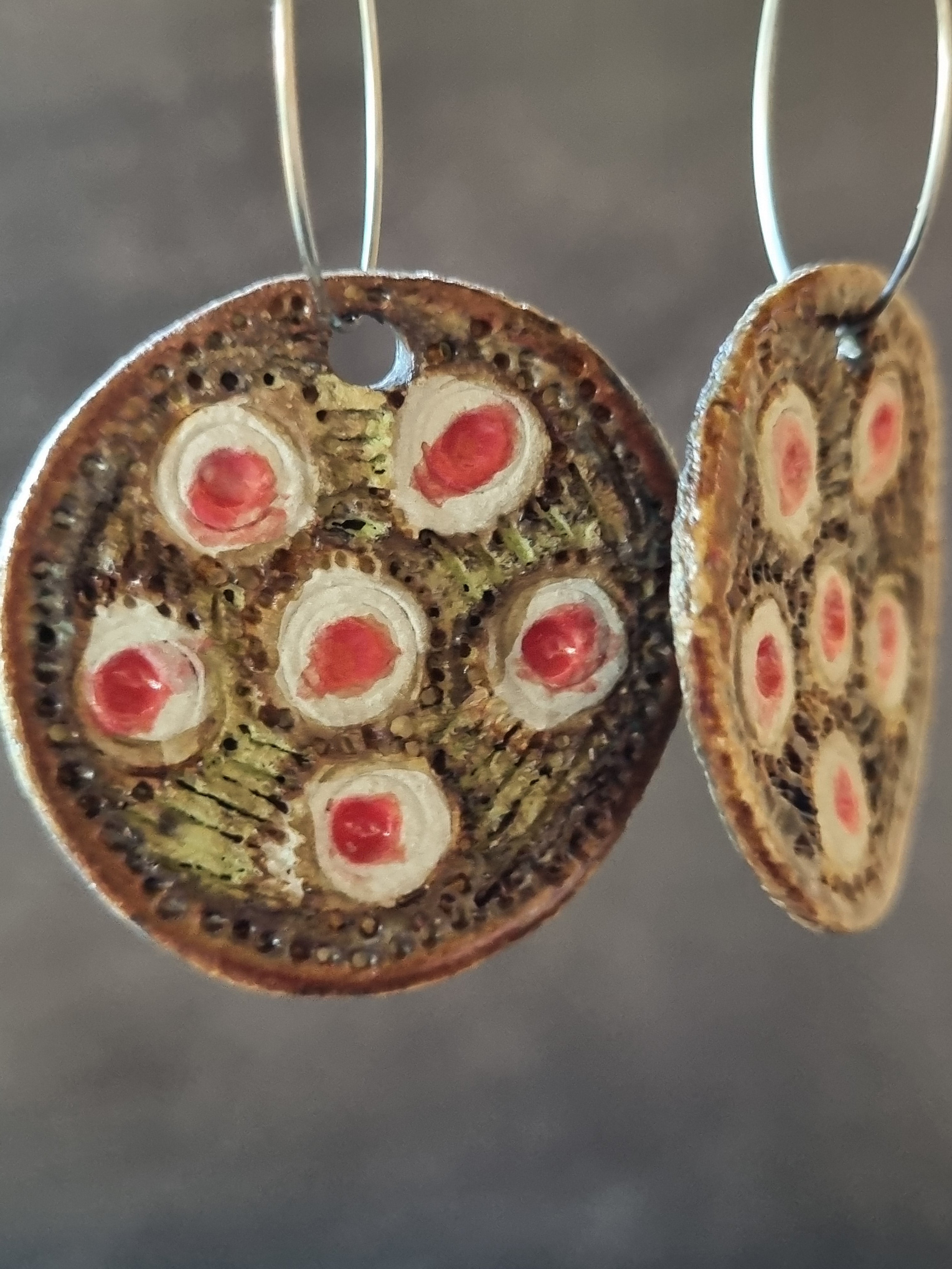 Handmade Stoneware Ceramic Earrings, brown-white-pink multi-coloured, 35mm diameter, pierced ears