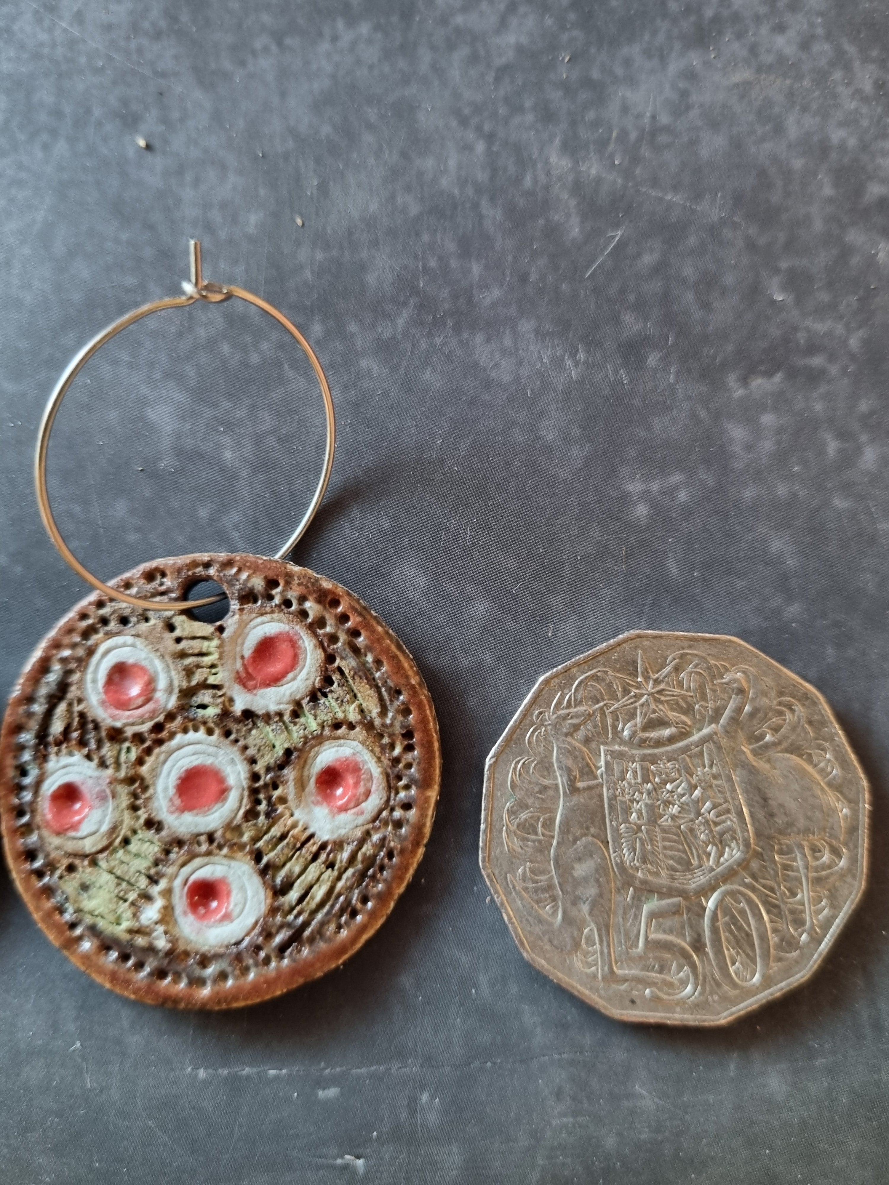 Handmade Stoneware Ceramic Earrings, brown-white-pink multi-coloured, 35mm diameter, pierced ears