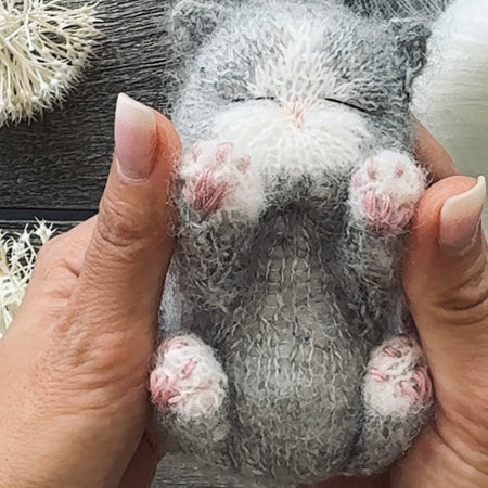 Handmade Gray & White Knitted Sleeping Kitty Toy