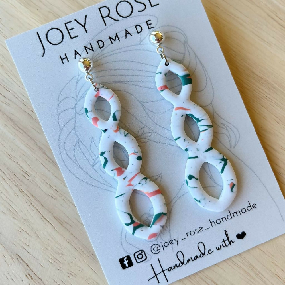 HANNAH ~ Green & Peach Marbled Print ~ Polymer Clay Earrings