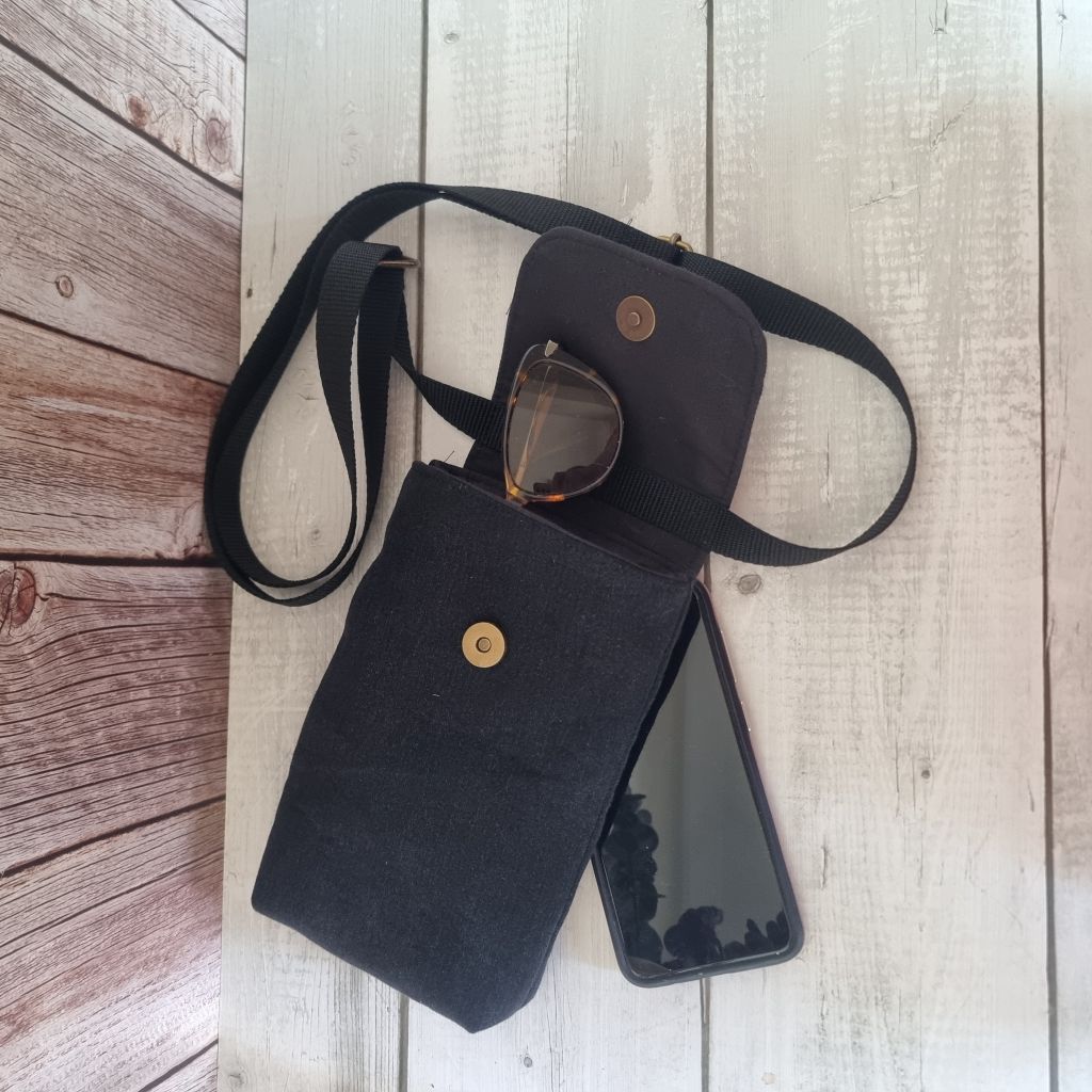 Upcycled handmade medium phone messenger bag - black denim & vintage gold lacy pattern