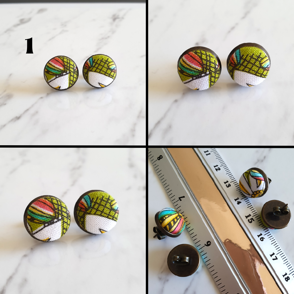 1.4cm Round Colourful Boho style cotton fabric Bronze colour Cabochon stud earrings