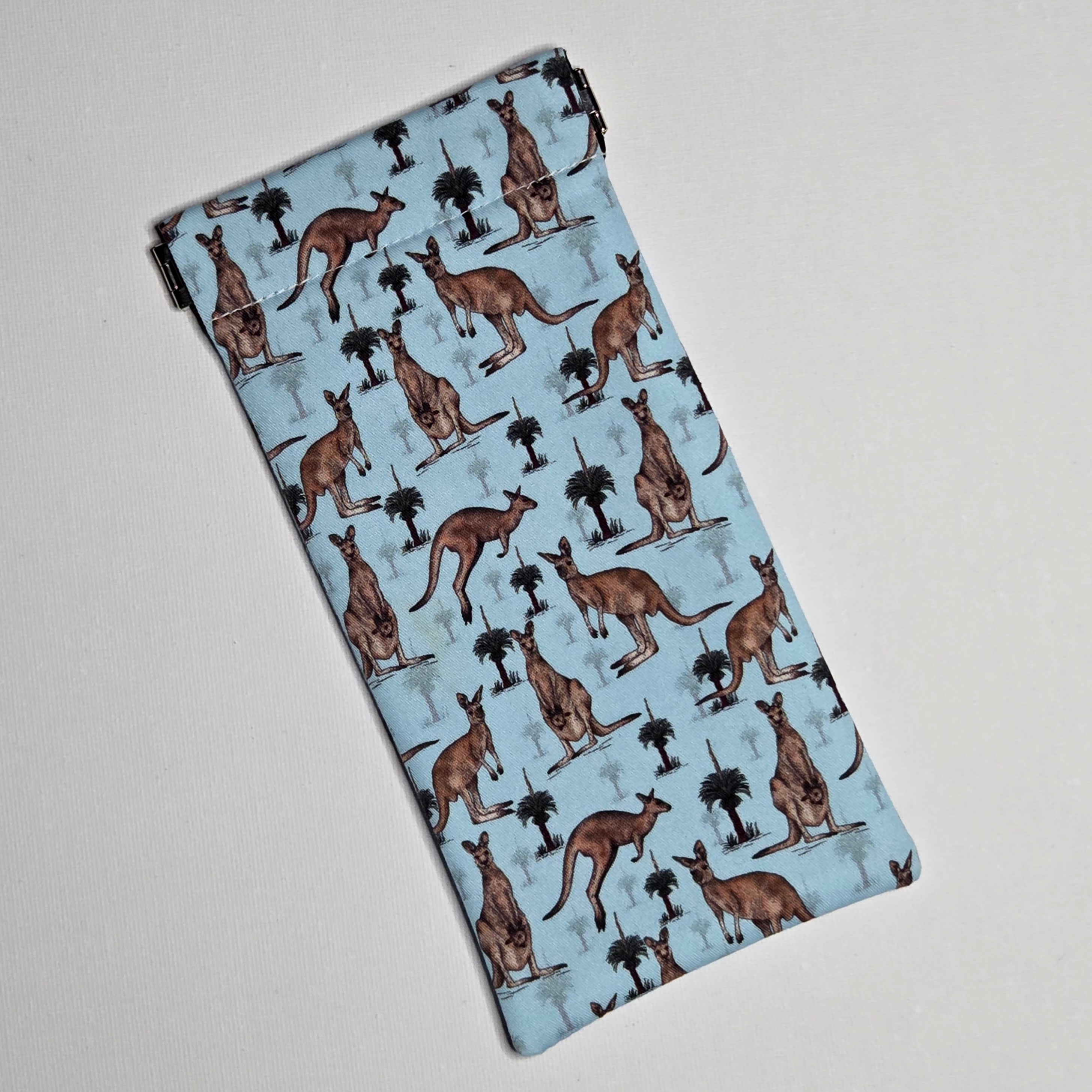 Sunglasses Pouch in Blue fabric with kangaroos