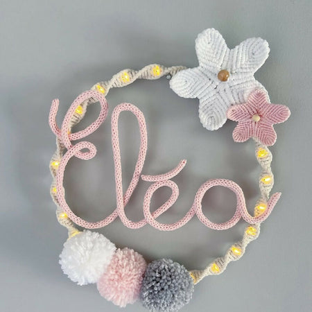 Macrame decoration with customise name in knitting with macrame raimbow and flower