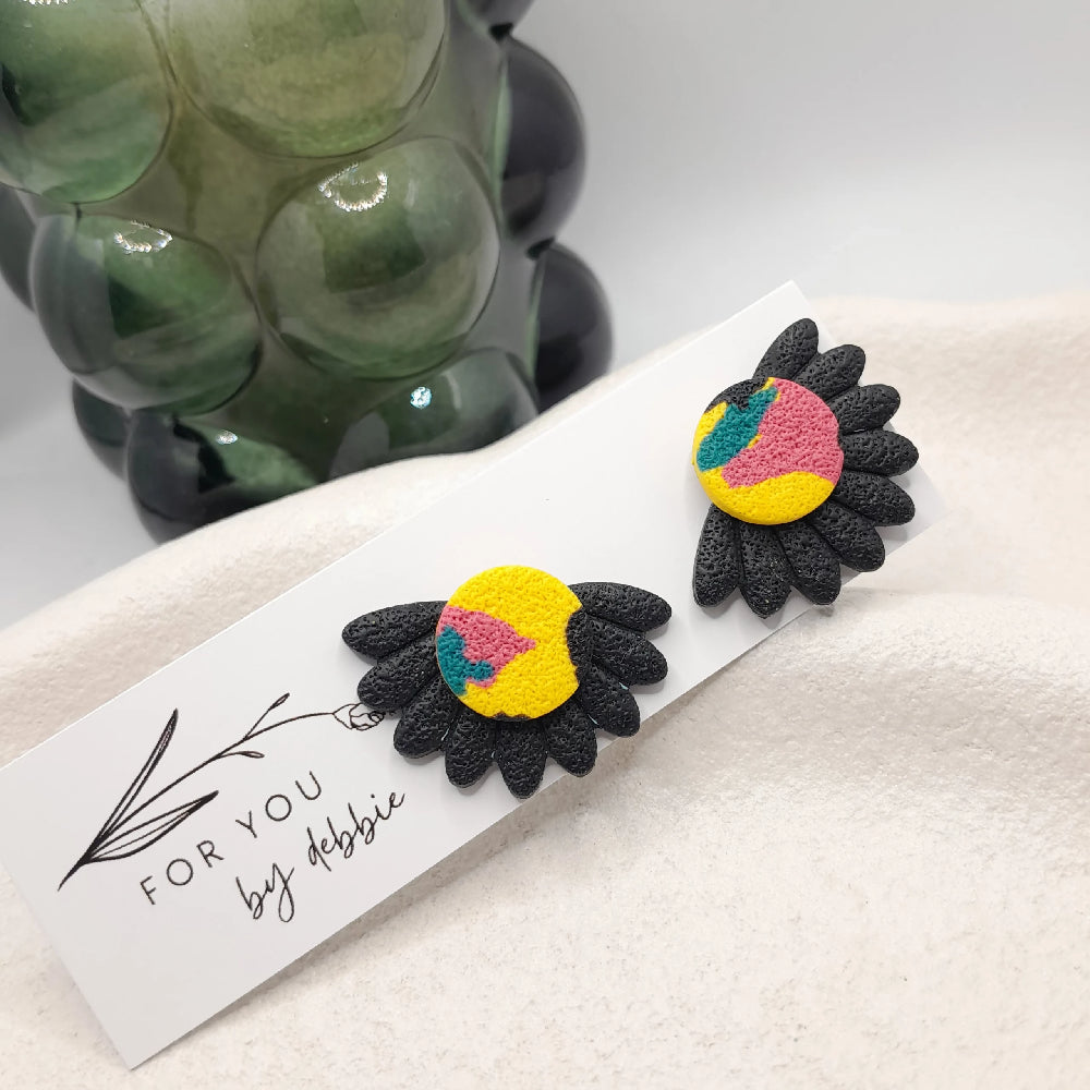 Yellow terrazzo flower stud earrings- hypoallergenic