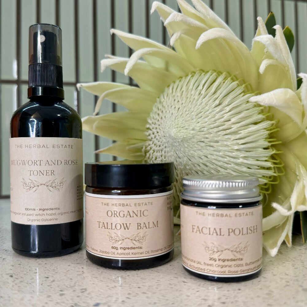 Organic Face Care Gift Set: Tallow Balm, Herbal Toner & Facial Polish. Christmas