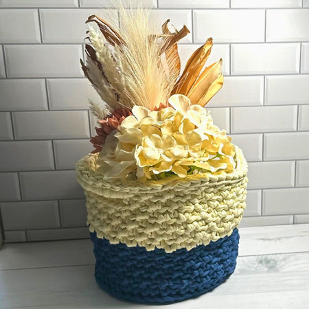 Handmade Crochet Basket with handles Blue & Cream