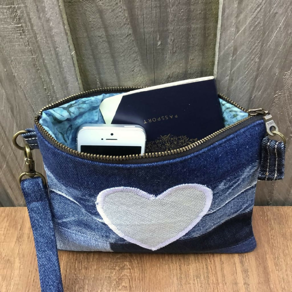 Upcycled Denim Clutch - Blue Heart