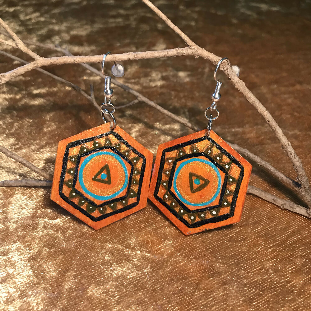 Earrings - Hand Painted Wood Hexagon Mandala