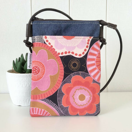 Cross Body Phone Sling Bag in Blue Canvas with Pink & Red Flowers