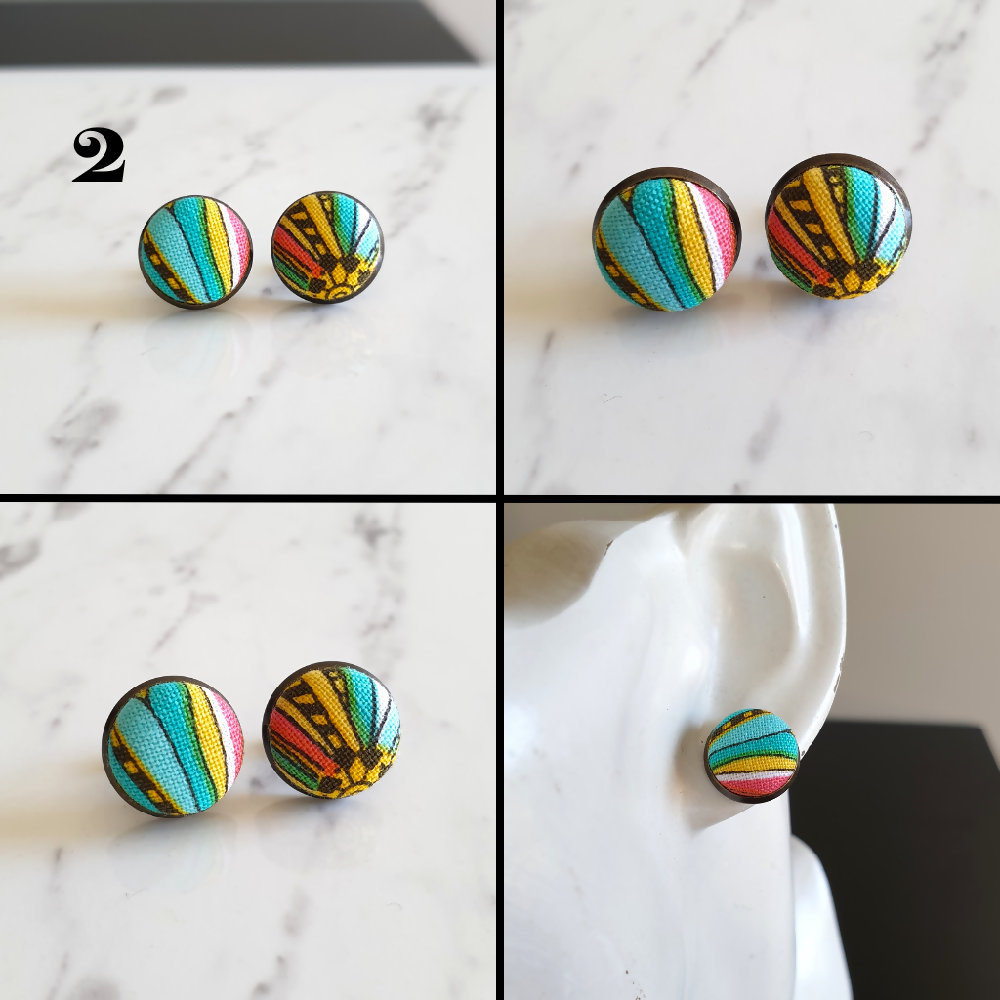 1.4cm Round Colourful Boho style cotton fabric Bronze colour Cabochon stud earrings