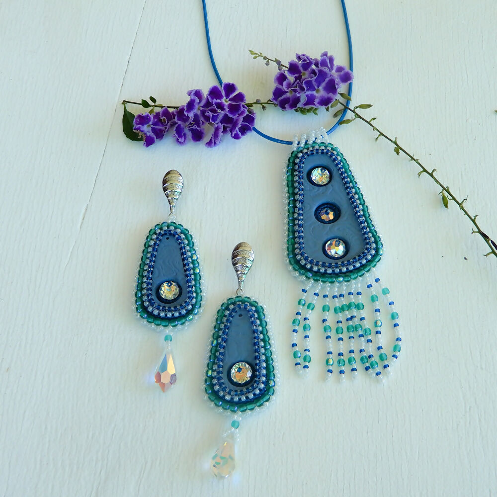 Blue Bead Embroidered Polymer Clay Pendant & Earrings Set "Crystal Smoke"