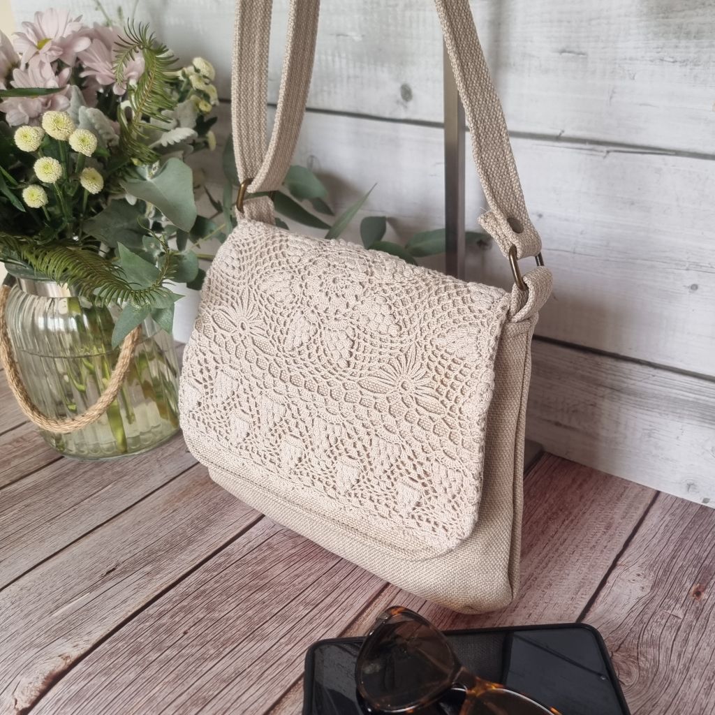 Upcycled small messenger bag - cream & vintage lace