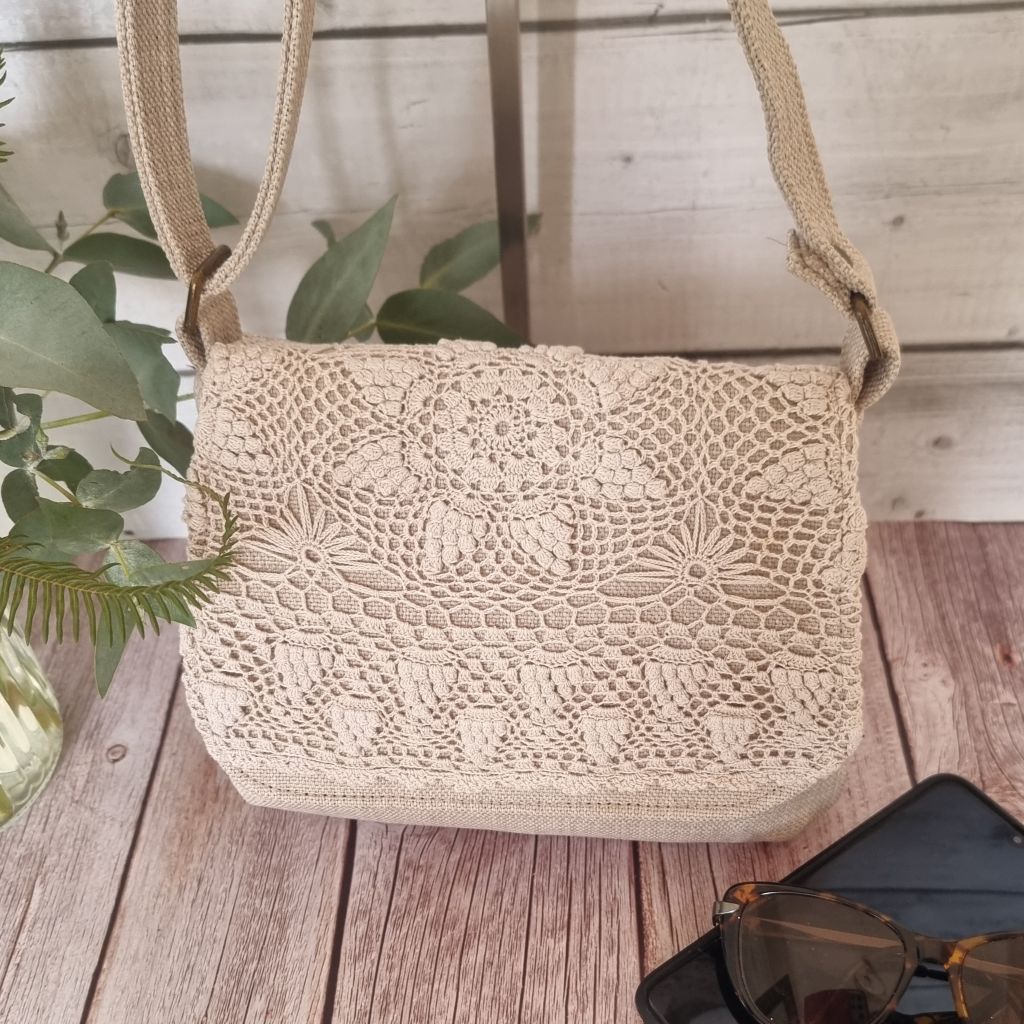 Upcycled small messenger bag - cream & vintage lace